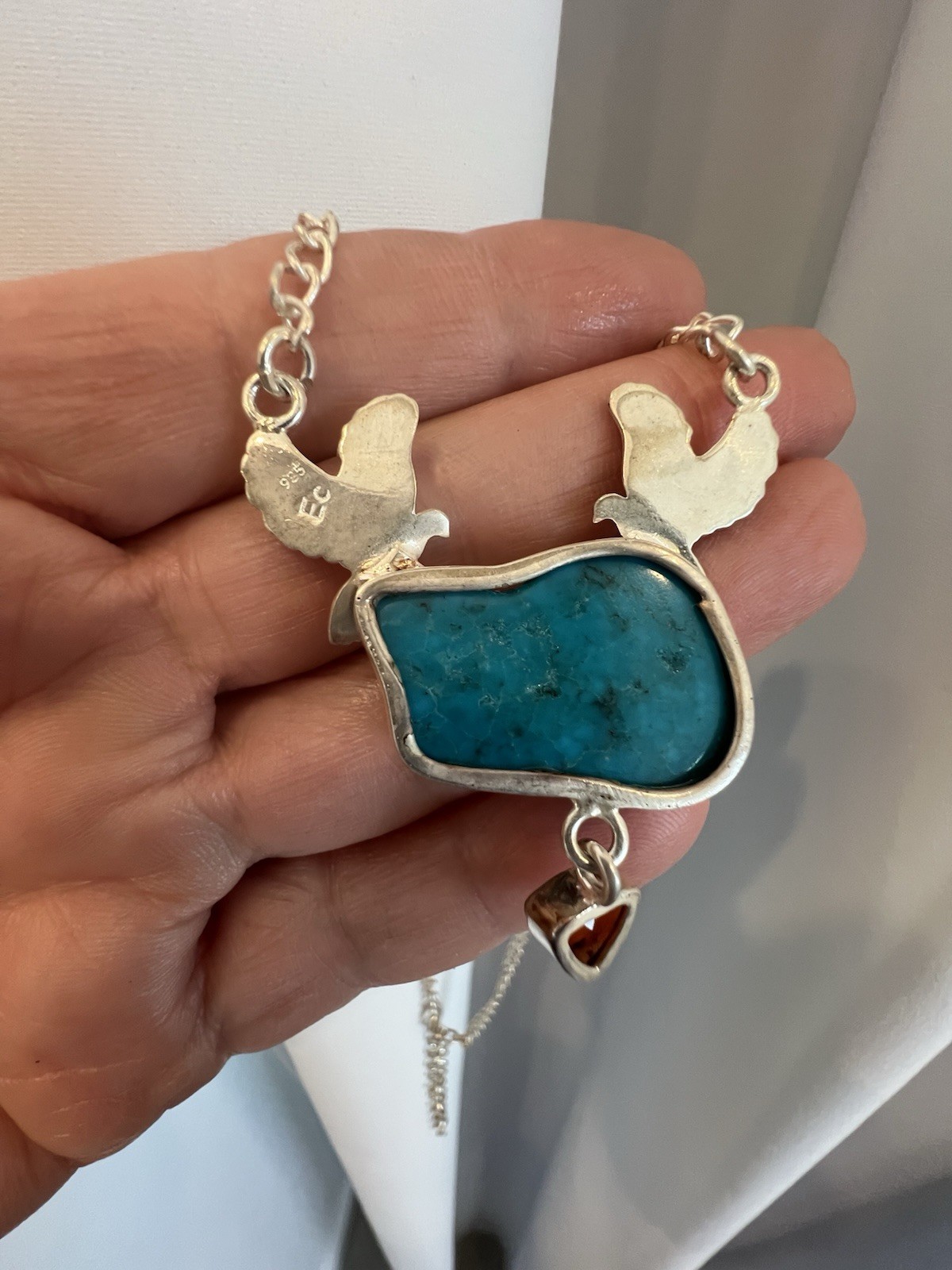 Sterling Silver Chain Necklace Bird Pendant Turquoise Stone Red Charm