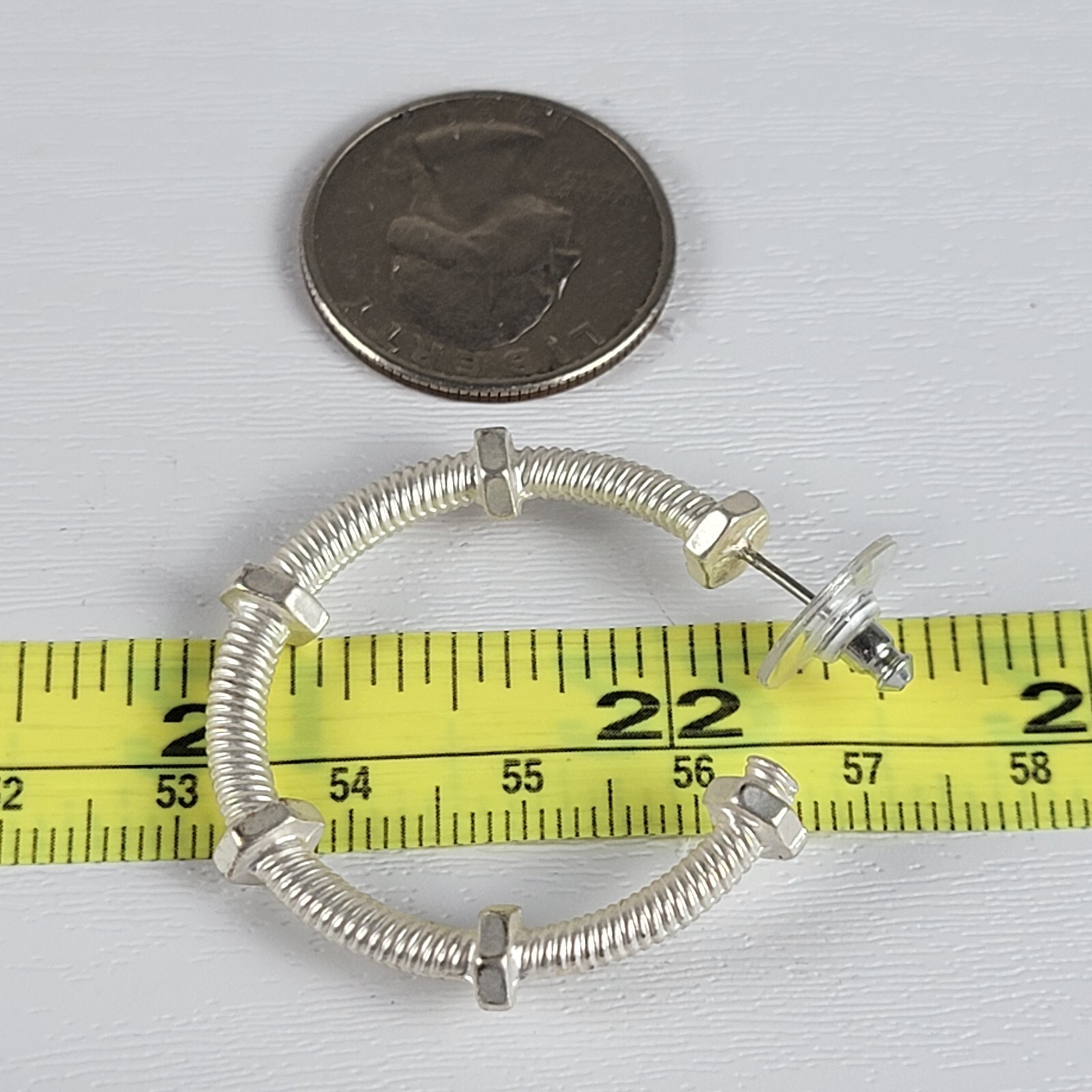 Silver -Tone Screw And Bolt Hoop Earrings 1.5″ Pierced Push Back