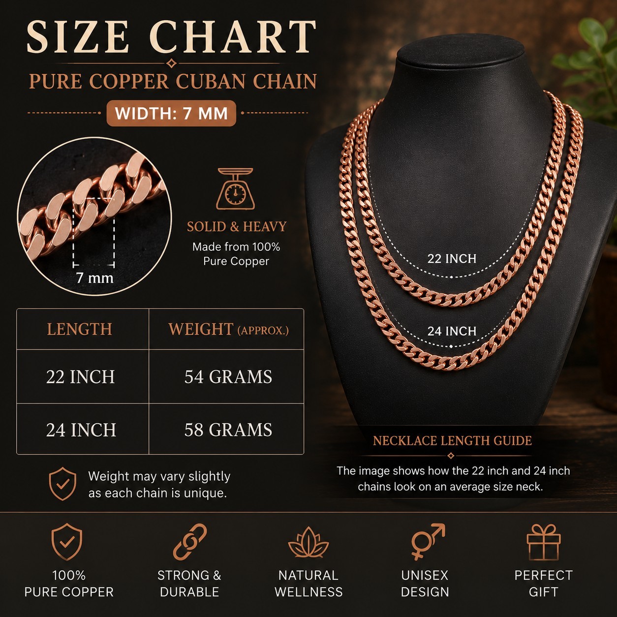 Pure Copper Cuban Chain Necklace – 7 mm Heavy Cuban Link Chain 22″-24″