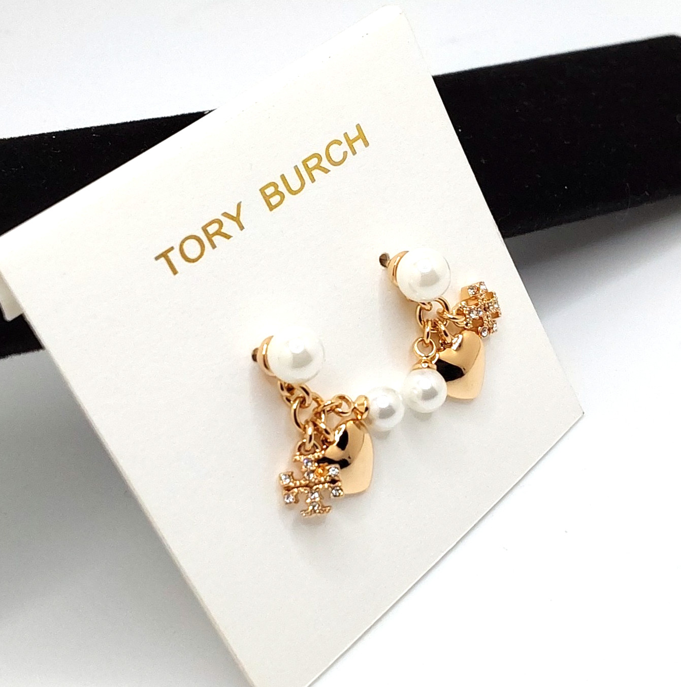Tory Burch Kira Elegant Gold/White Heart and Pearl Charm Dangle/Drop Earrings