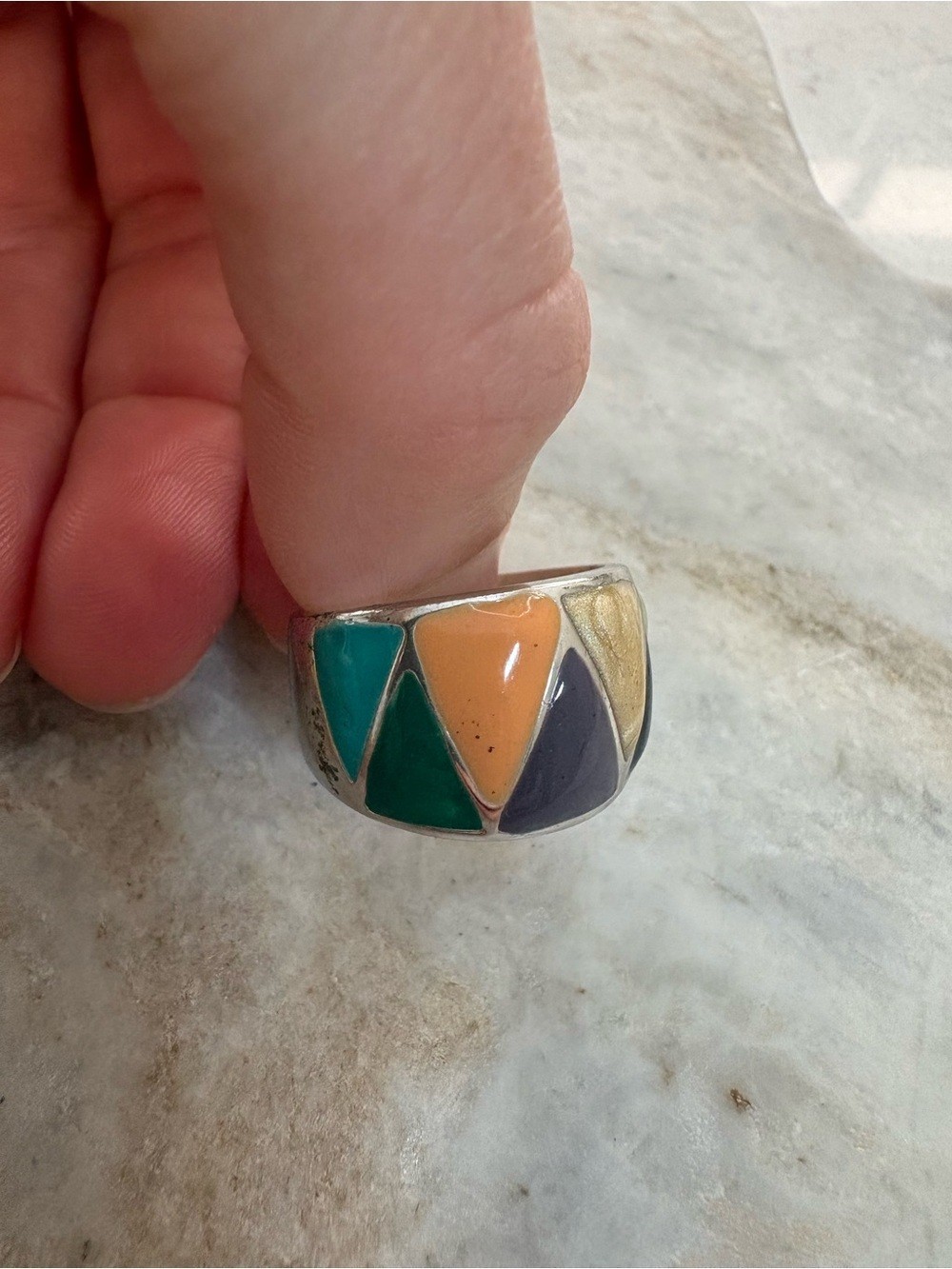 Multicolor Geometric Inlay Ring Green, Orange, Cream, Blue, Purple – Size 8.5