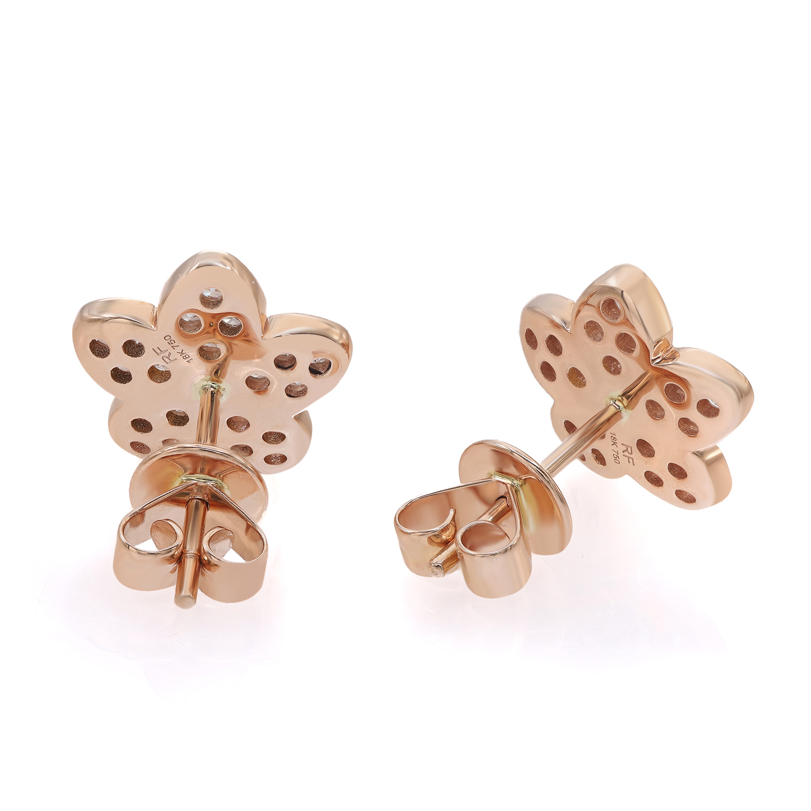 Pave Set Round Cut Diamond Flower Stud Earrings 18K Rose Gold 0.52Cttw