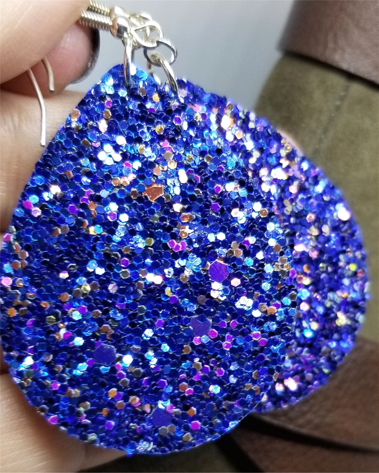 Blue Glitter Double Sided FAUX Leather Earrings with Color Shifting Glitter