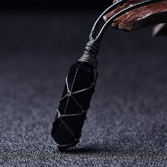 Black Obsidian Hexagonal Healing Reiki Point Wrapped Pendant Men Women Necklace