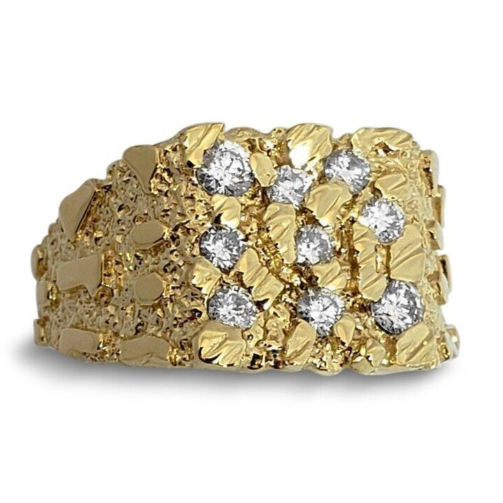 Real 18K Yellow Gold Men’s Nugget Ring 0.62ct Diamond, Natural or Lab-Created