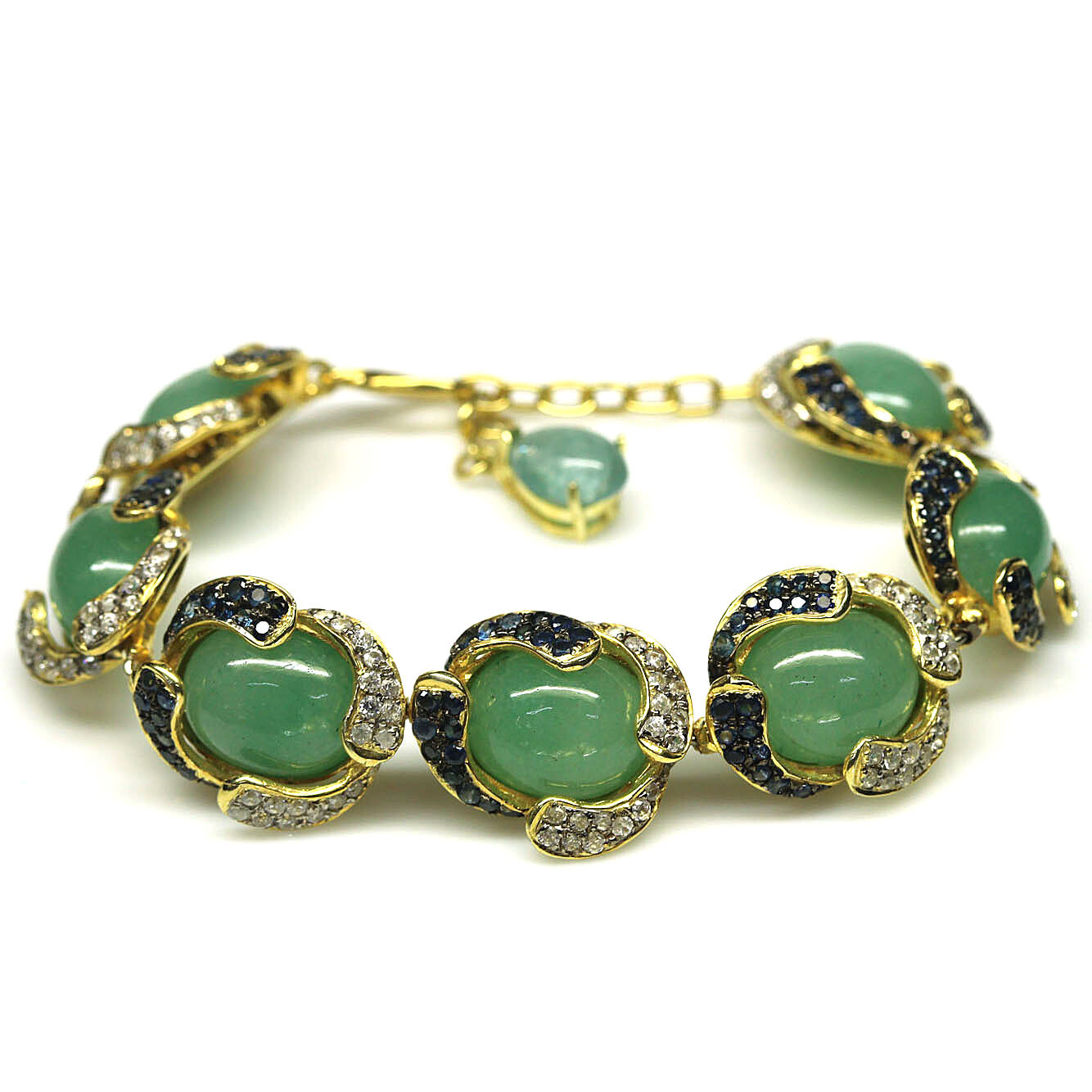 Gemstone 12 x 15 mm. Green Serpentine, Sapphire & Zircon Bracelet 9″ 925 Silver