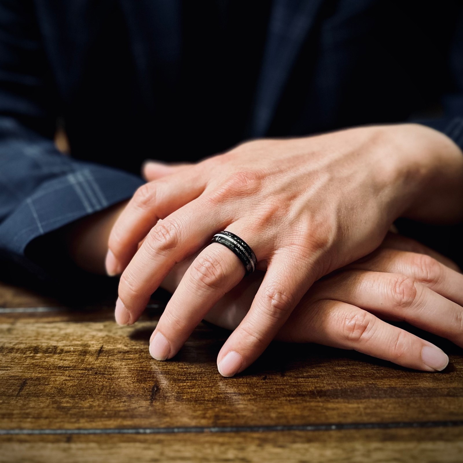 Black Tungsten Carbide Men’s Ring w/ Deer Antler & Meteorite Wedding Band