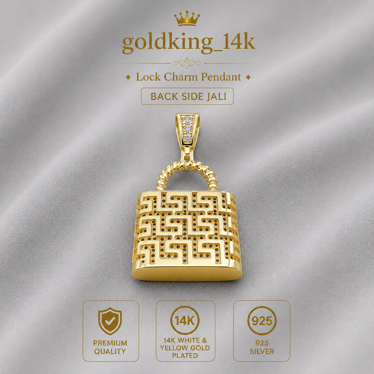 Lock Charm 3 Inch Pendant simulated Diamond 14K Yellow Gold Plated 925 Silver