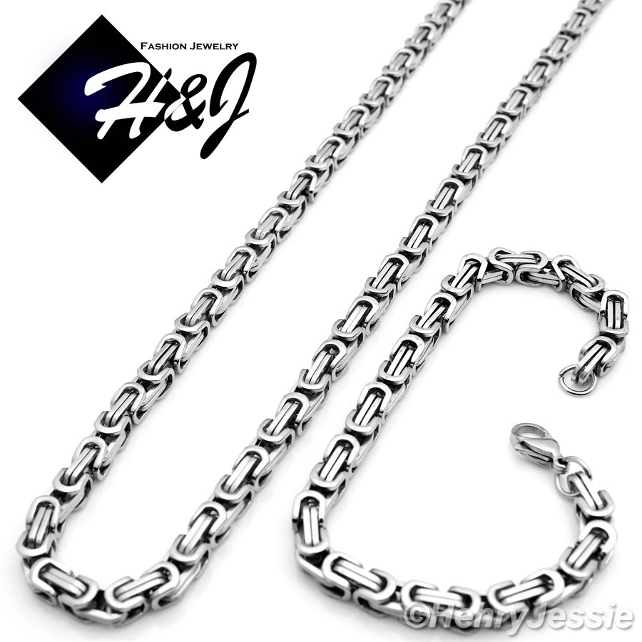 24″MEN Stainless Steel 4mm Silver Byzantine Box Link Chain Necklace Bracelet SET