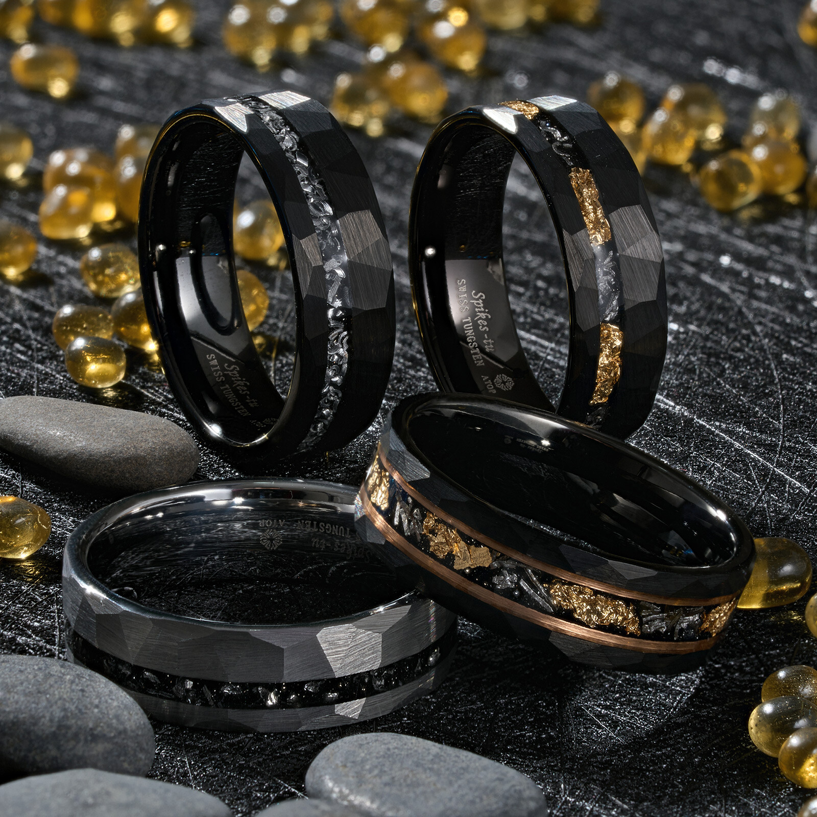 ATOP 8mm Meteorite Black Sliver Gold Tungsten Ring Line Men Wedding Band