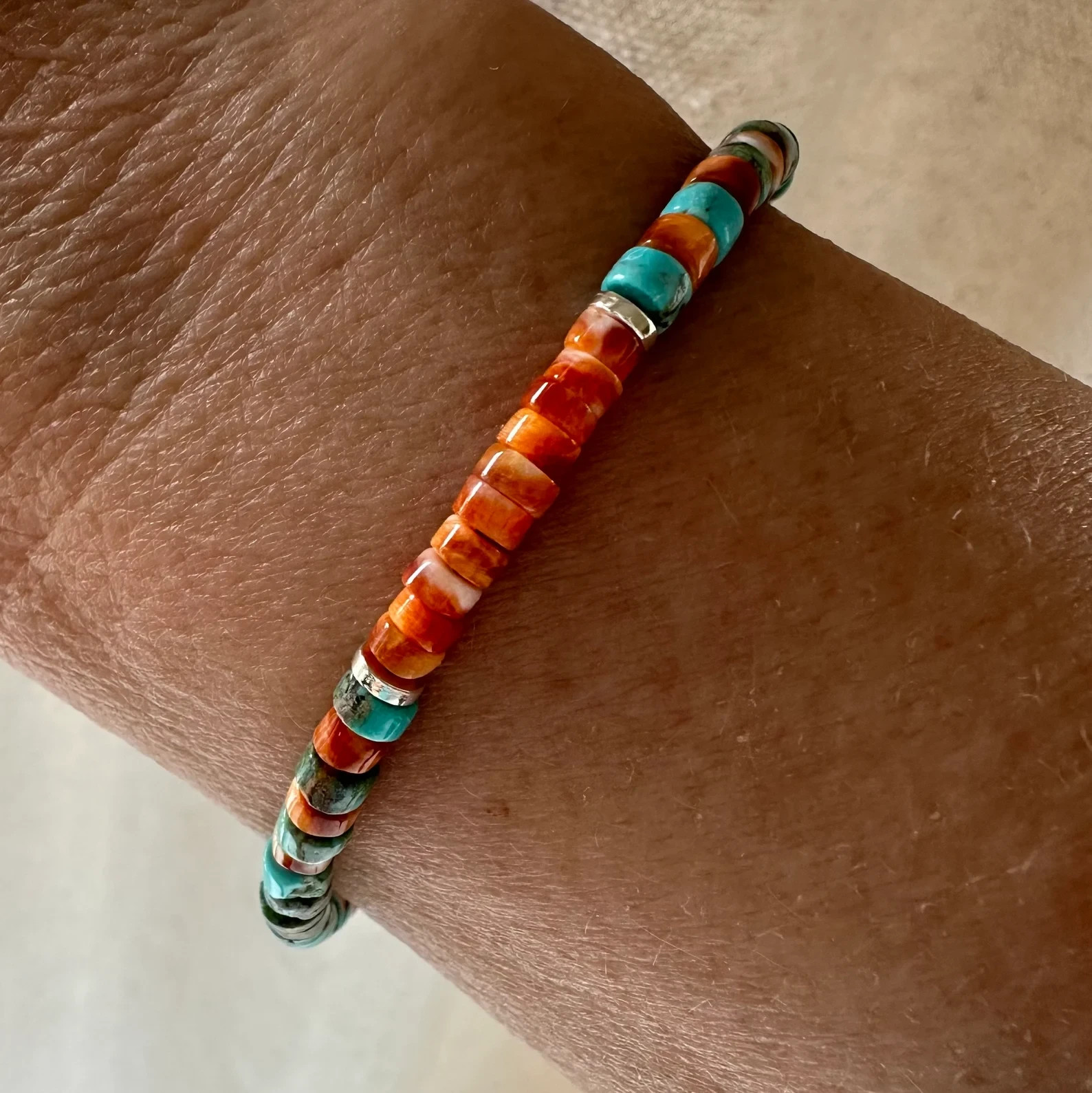 Blue Arizona Turquoise & Orange Spiny Oyster Heishi Bracelet, 4mm Gemstone
