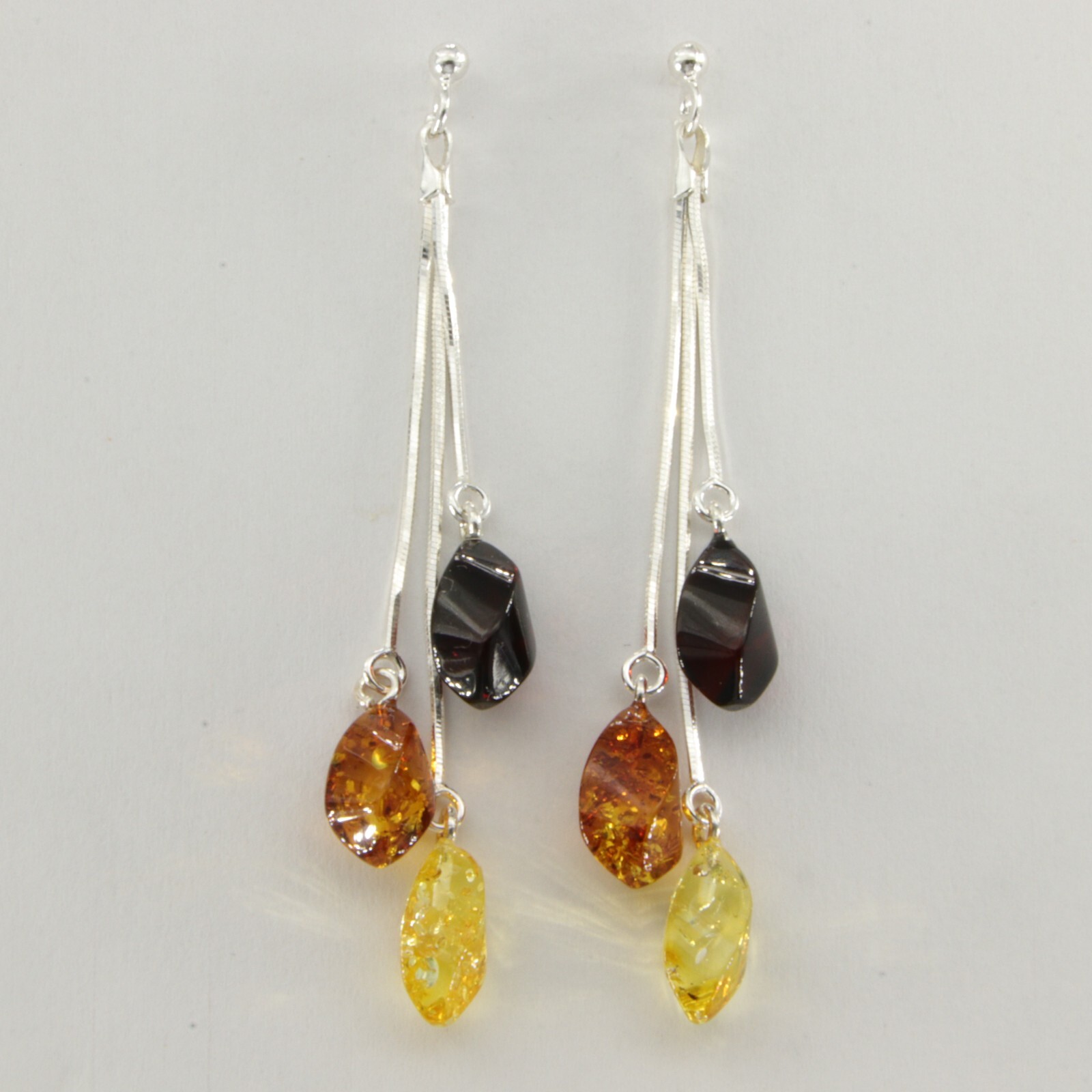 Multi-Color BALTIC AMBER Dangle Post Earrings 925 STERLING SILVER Poland #4809e