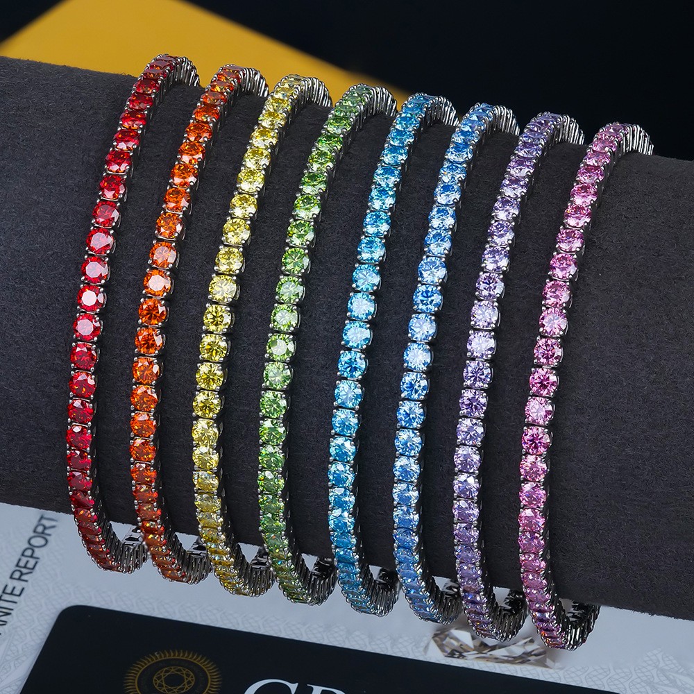 2mm Round Colourful Moissanite Tennis Chain 925 Sterling Silver Bracelet Women