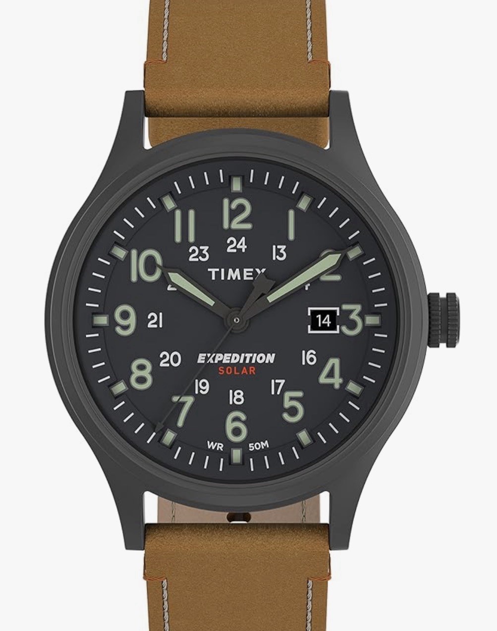 Timex Expedition Solar Men’s Analog Quartz Watch Black Dial Brown Leather Date.