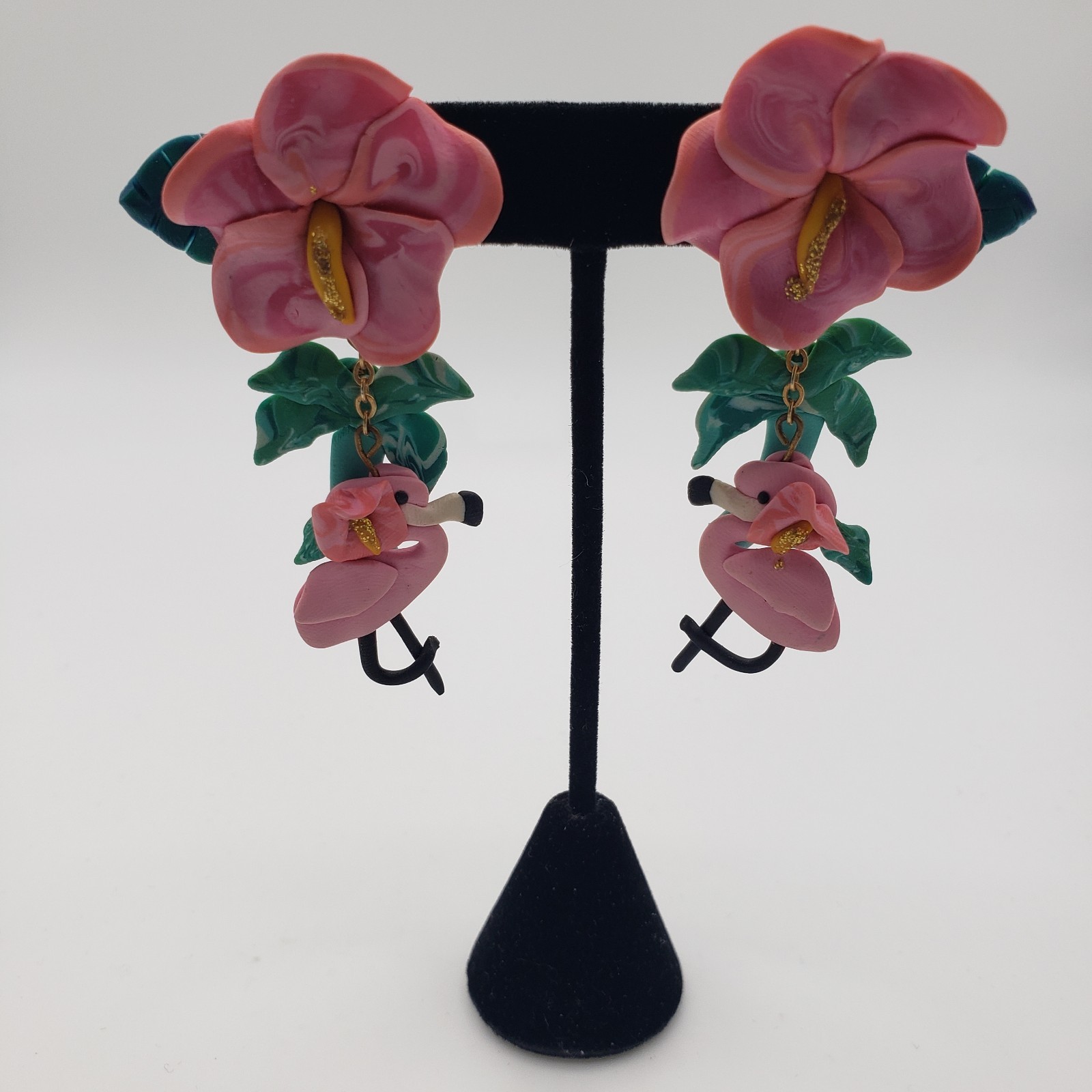 VTG Handcrafted Polymer Clay Pink Flamingo Hibiscus Palm Tree Dangle Earrings