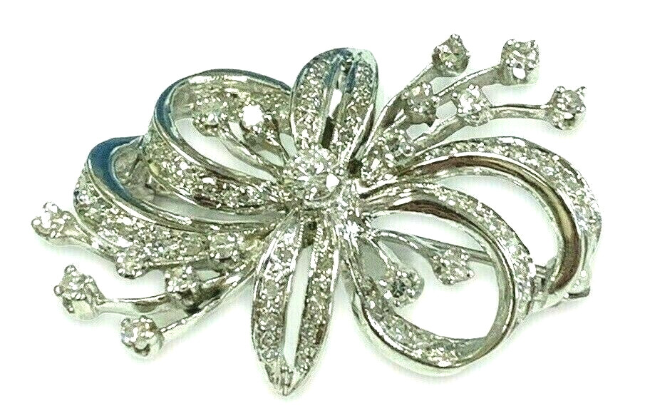 Vintage 1.23CT Diamond 14k White Gold Ribbon Bow Pendant Brooch Weighs 7.7 Gr