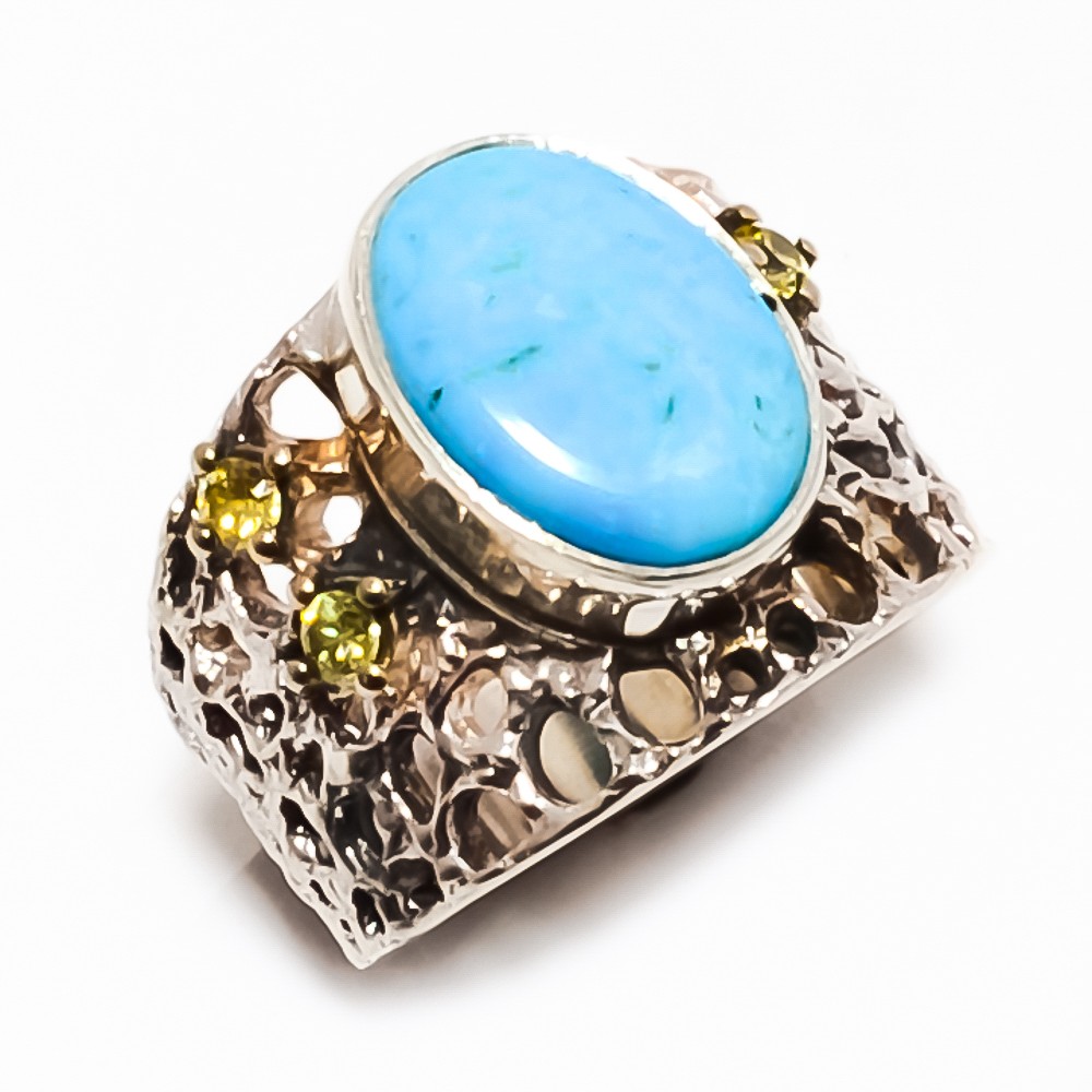 Magnesite Turquoise & Citrine Silver Handmade Jewelry Ring s.7.5 T50