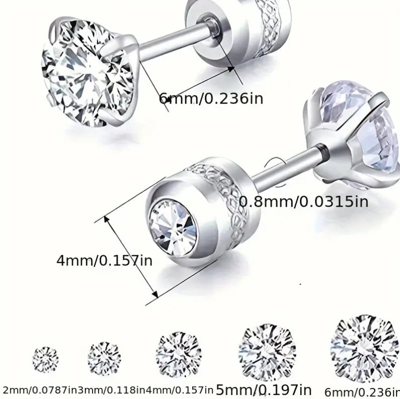 Silver Stainless Steel Round CZ Stud Earrings for Women Men Piercing Screw Back