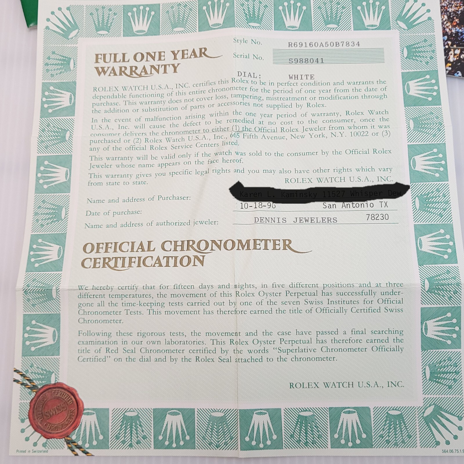 1990s Rolex 6916 Warranty Certificate & Booklets (Buyer’s Name On Cert) No Watch