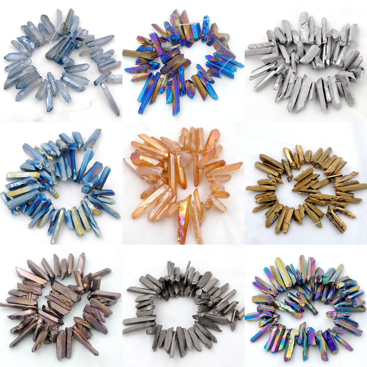 Titanium Coated Natural Quartz Crystal Druzy Freeform Stick Pointed Beads 8″