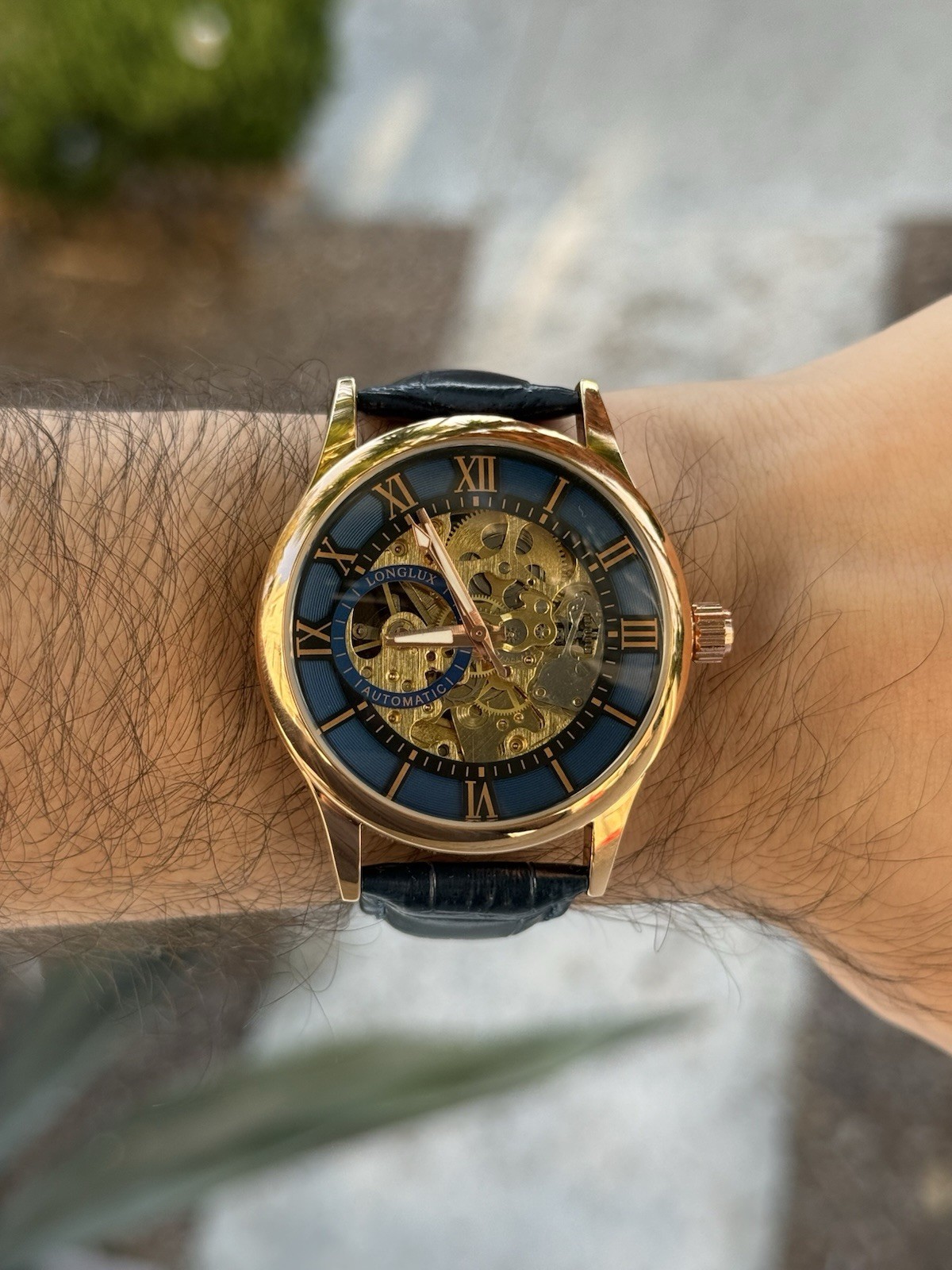 Longlux Automatic Skeleton Men’s Watch Gold Tone Blue Dial 42mm 3ATM Leather