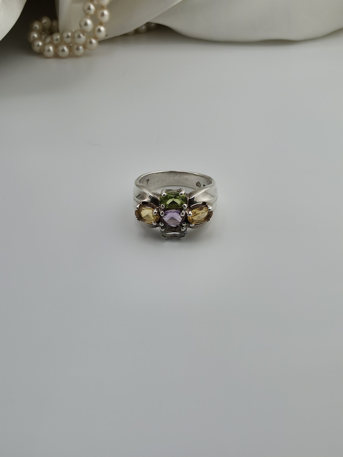 Vintage Sterling Silver 5 Gemstone Cluster Ring Amethyst Peridot Citrine Sz 7.5