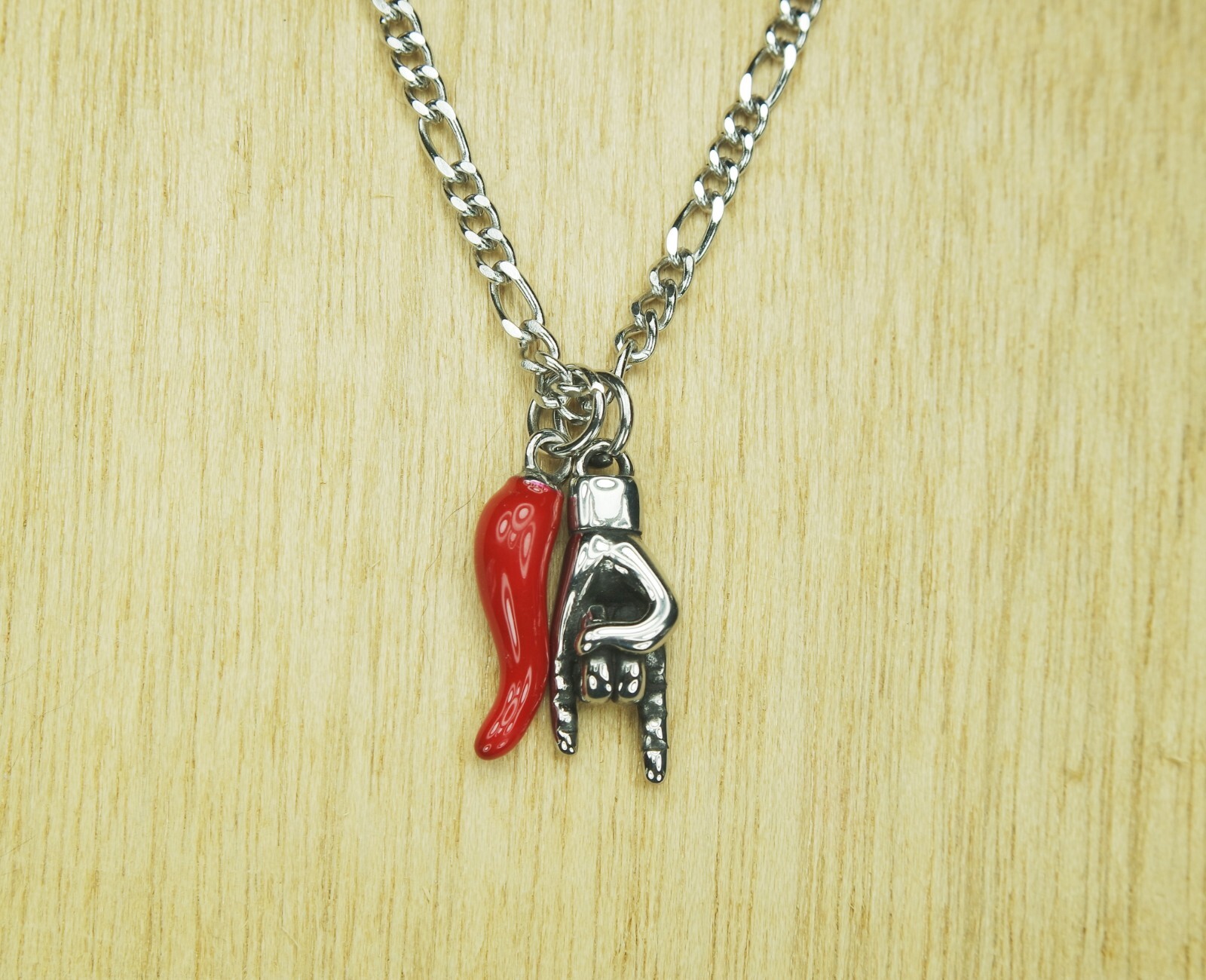 Large Red Cornicello & Mano Cornuto Necklace, Italian Hand Horn Protection Italy