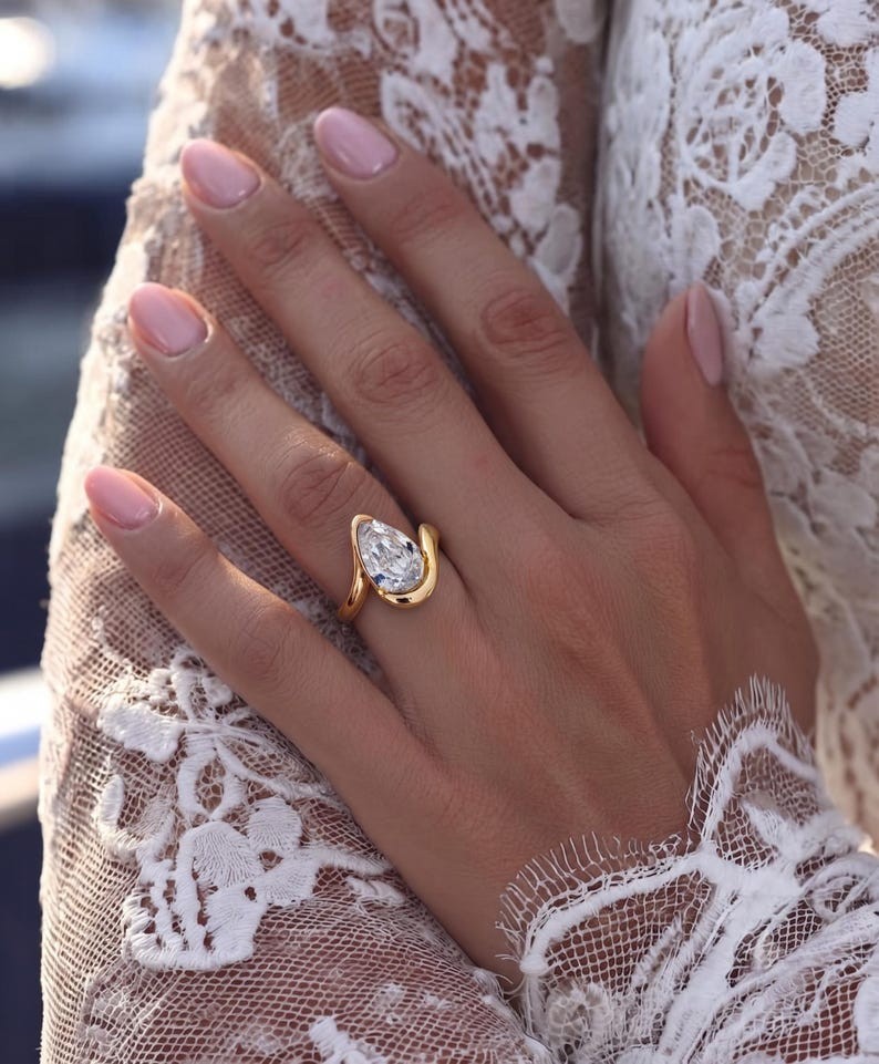 Pear Shape Moissanite Bypass 14K Gold Plated Teardrop Engagement Ring