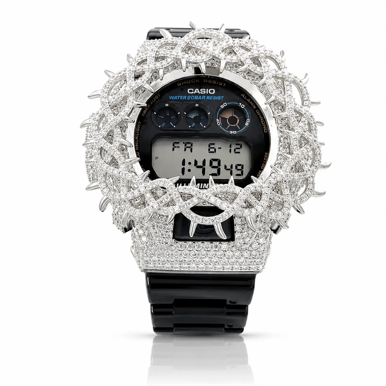 Original Casio G-Shock DW6900 925 Silver VVS Moissanite Thorn Iced Watch