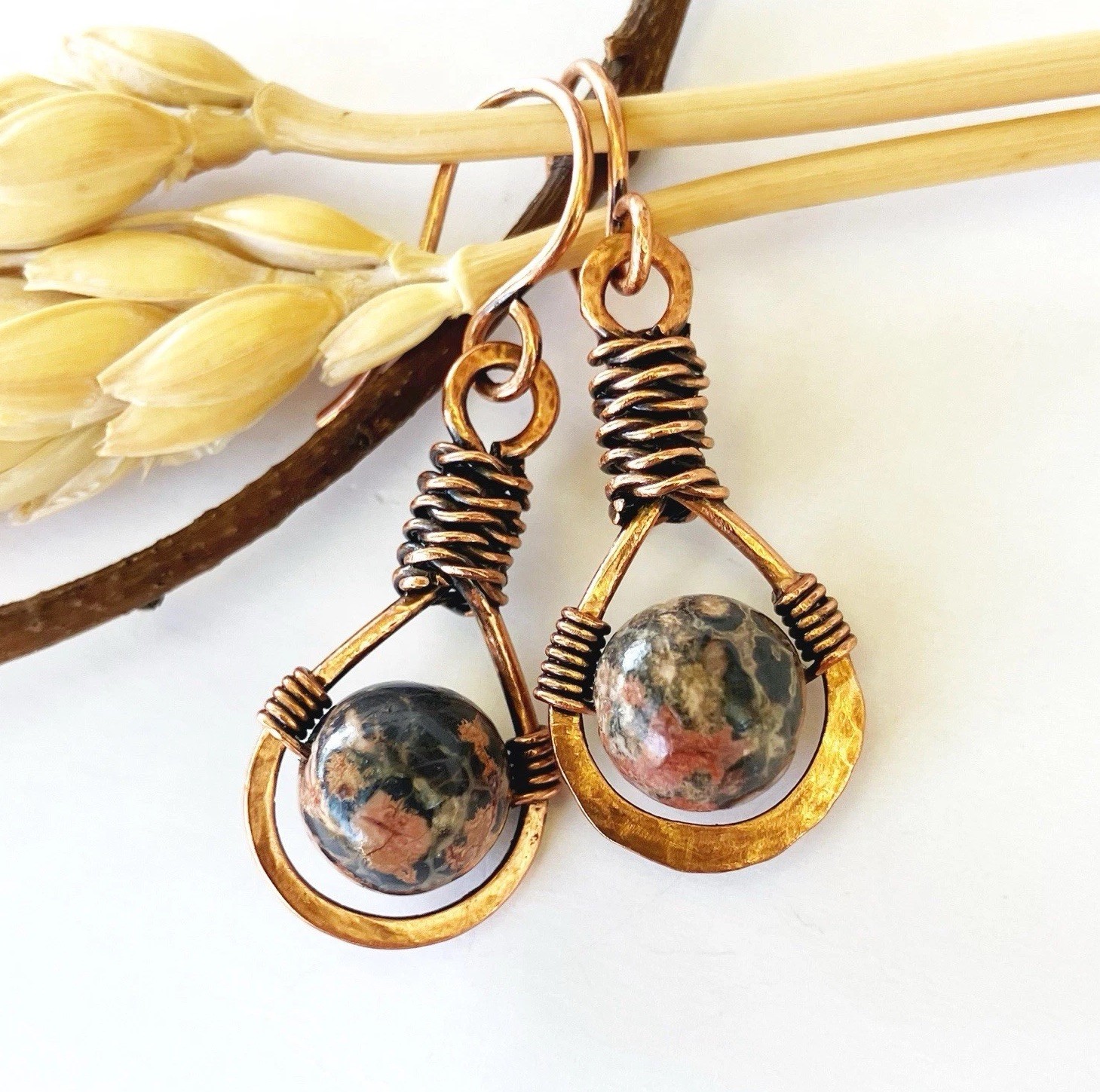 Leopard Skin Jasper Dangle Earrings Teardrop Bohemian Wire Wrapped Earthtones