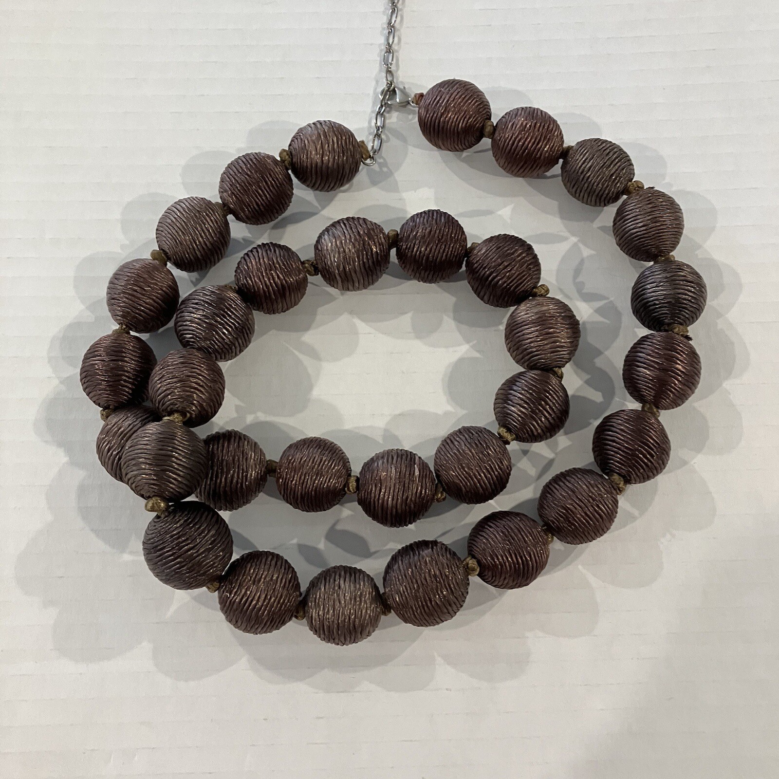 Silk Brown Large Hand Knotted Bead Strand Necklace Adjustable Lobster Claw Clasp