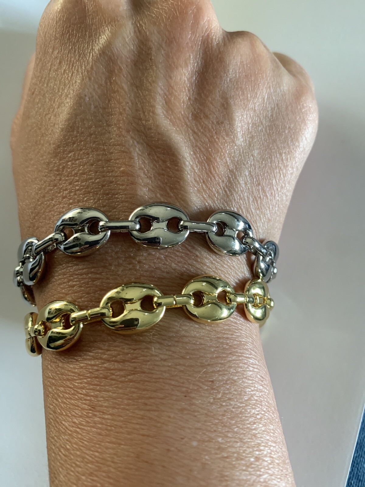 14k yellow gold Plated Puffy Puffed Anchor Mariner Link Chain Bracelet 1cm thick