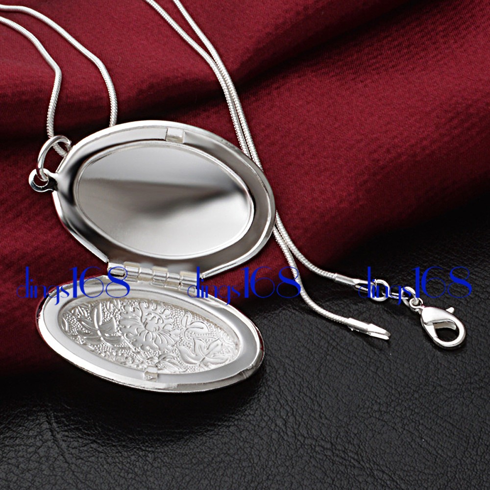REAL 925 Sterling Silver Large Oval Shape Photo Locket Pendant+ 16″~38″ Necklace