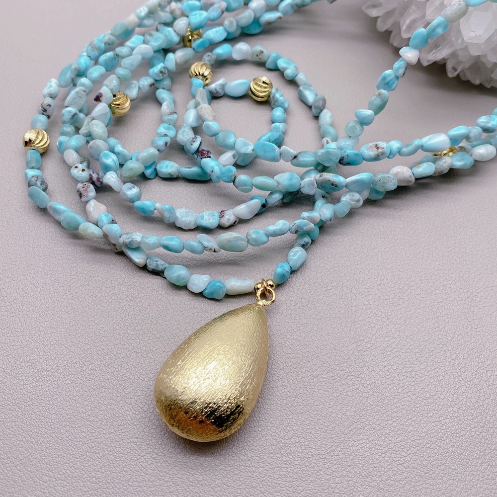 5 Strands Natural Blue Larimar Beads Teardrop Pendant Layered Necklace