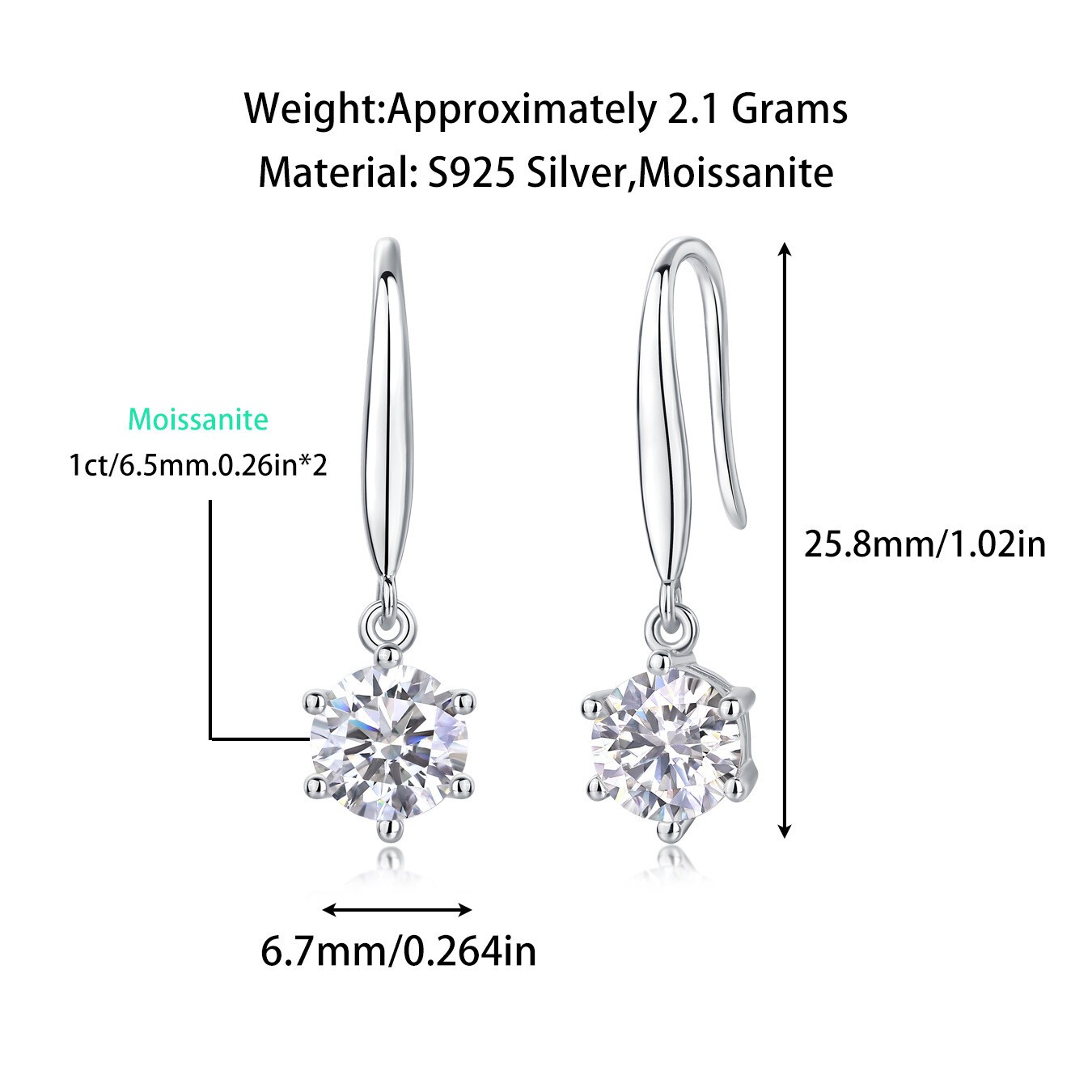 6.5mm Round Cut VVS1 Moissanite Dangle Hoop Earrings Women 925 Sterling Silver