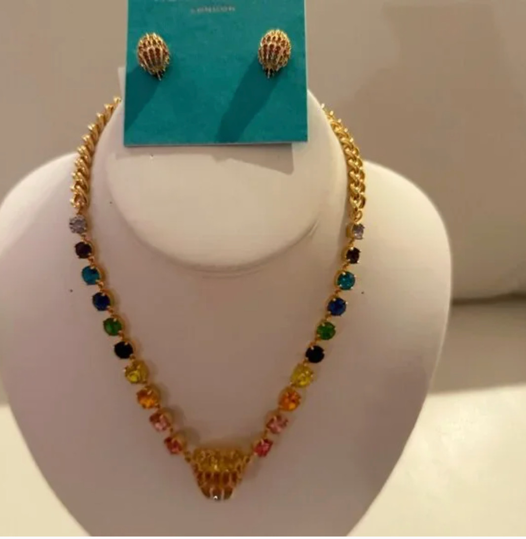 Kurt Geiger Necklace Eagle Head Gold Tone Pave Multicolored Crystals & EARRINGS