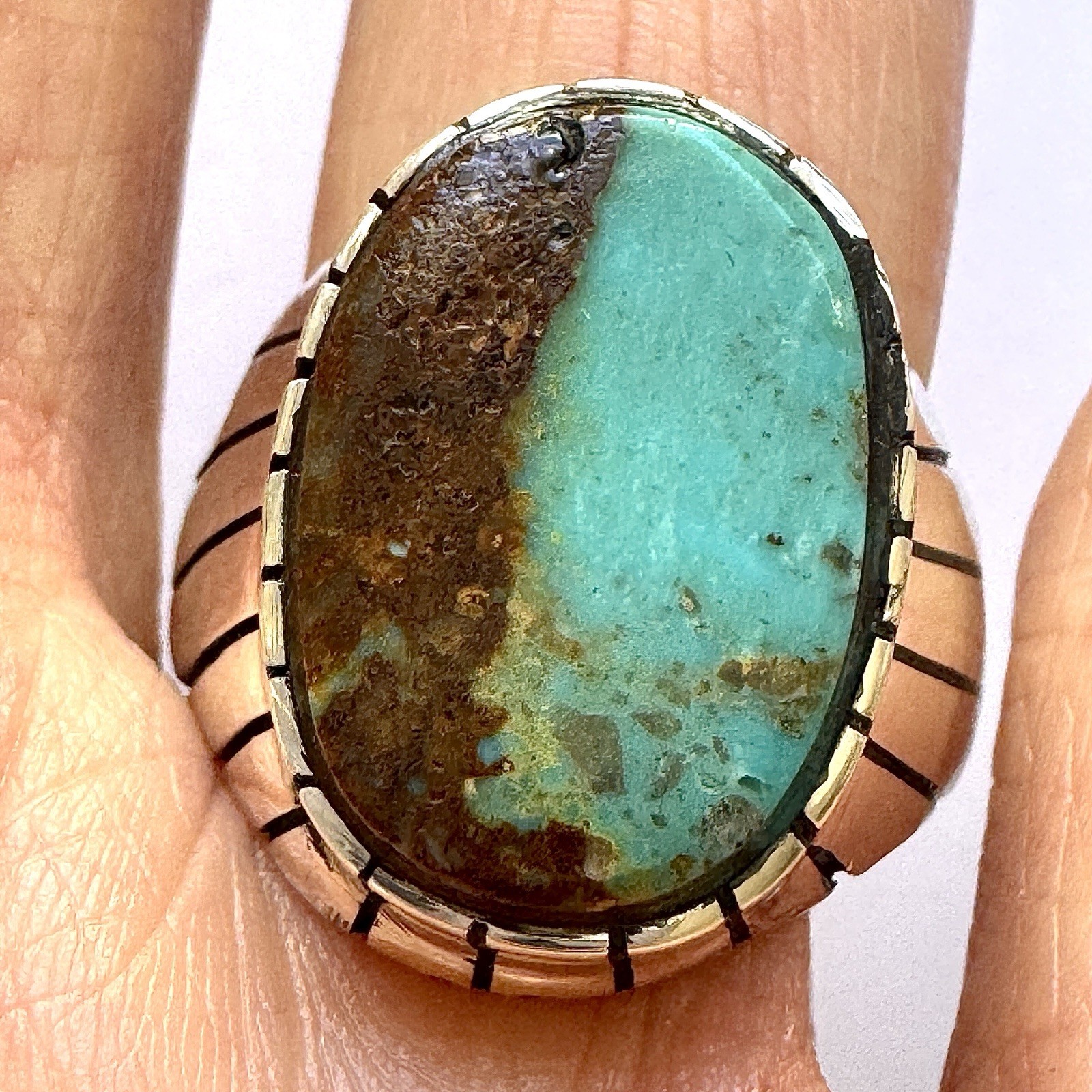 Navajo Turquoise Mens Ring Sz 10 Signed Jack Oval Sterling Native American 20mm