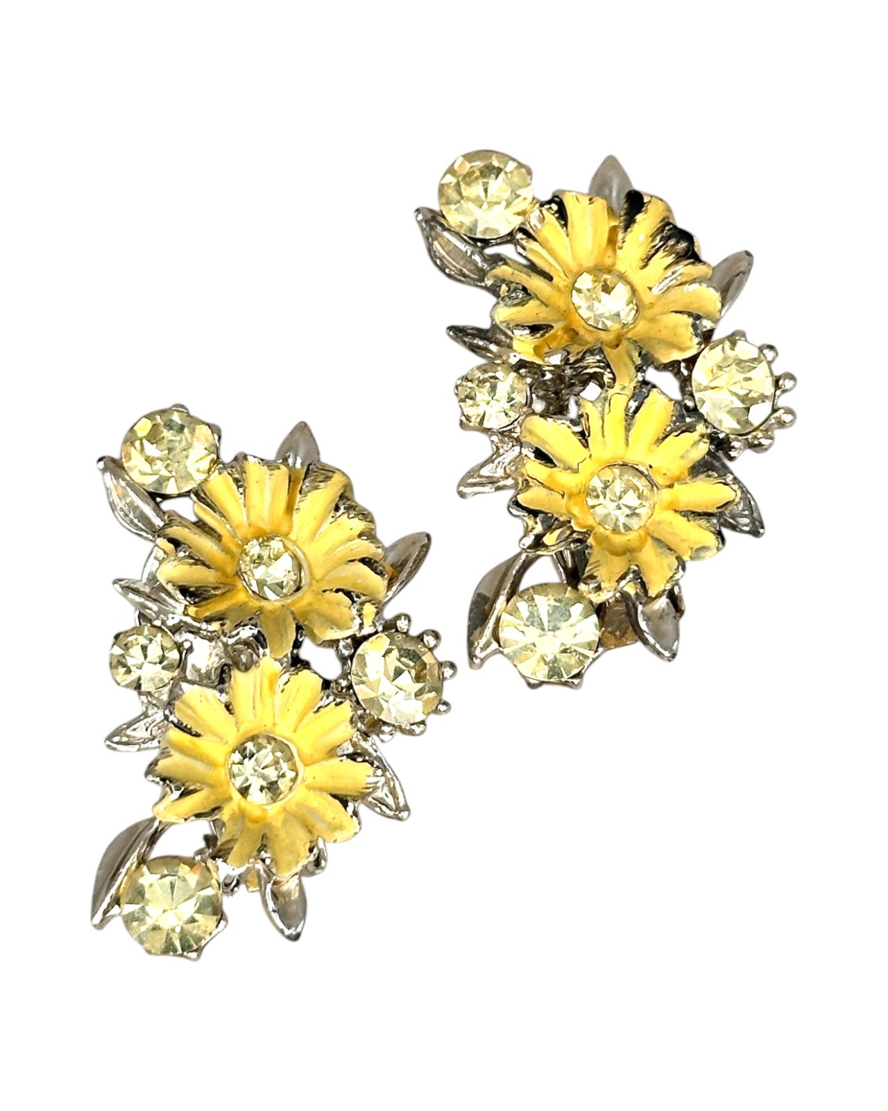 Vintage Yellow Daisy Enamel & Rhinestone Clip-On Earrings