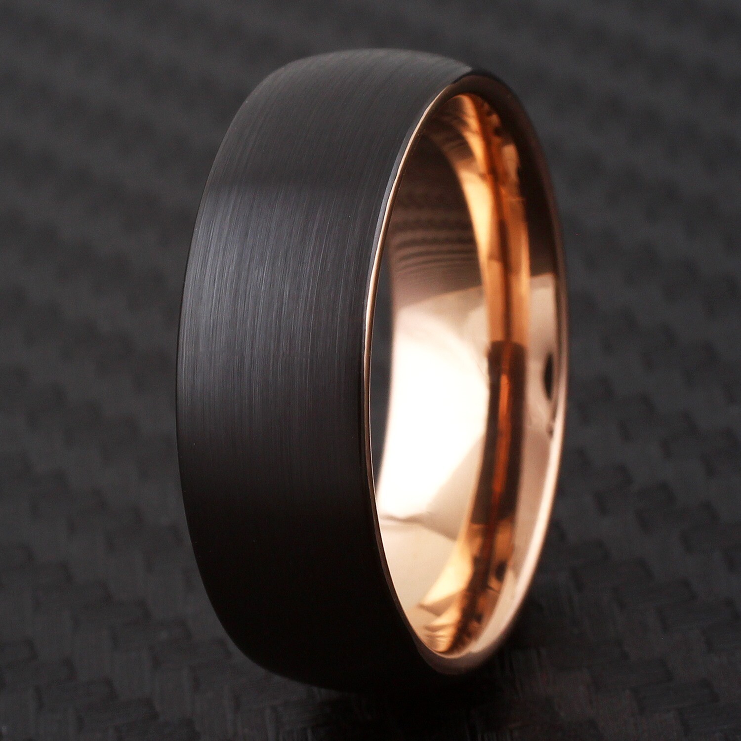 Black Brushed Tungsten Domed Rose Gold Plated Side & Inside Wedding Band Ring