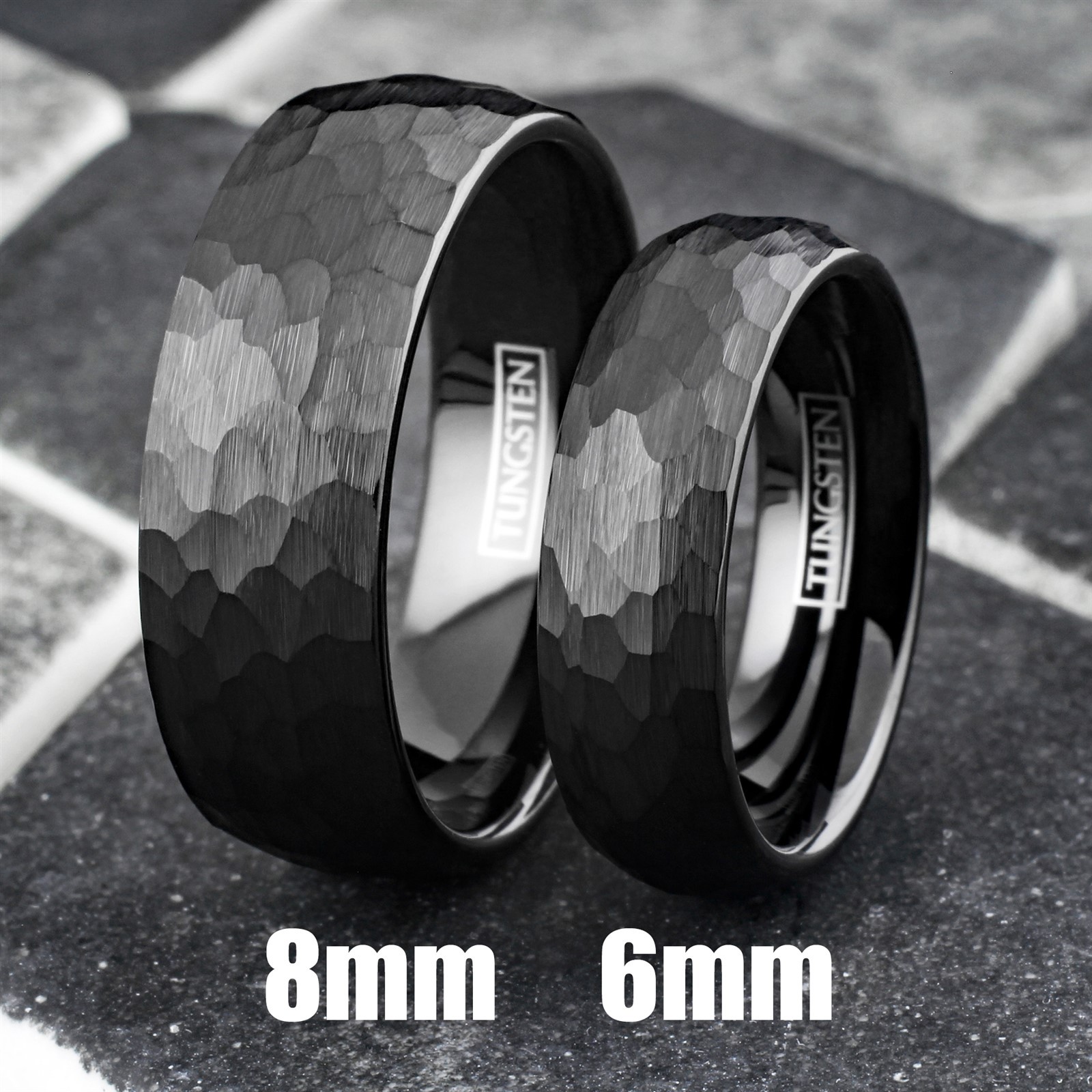 Black Tungsten Carbide Hammered Brushed Finish Men’s Wedding Band Ring