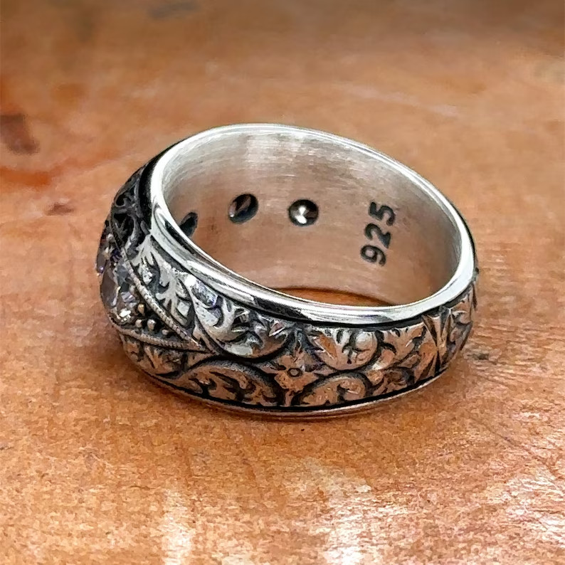 Men 925 Band Ring Silver Moissanite Ottoman Handmade Turkish Wedding Ring