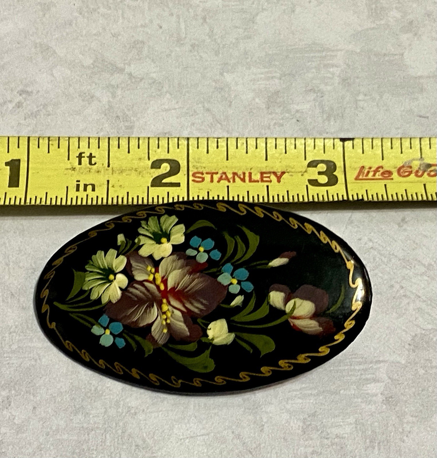 Vintage Russian Brooch Hand Painted Black Lacquer Floral Pin Signed 2.25″