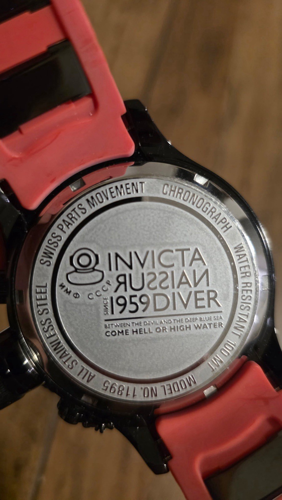Invicta Russian Diver Men’s Quartz Chronograph 100m Red Dial Black/Pink Strap
