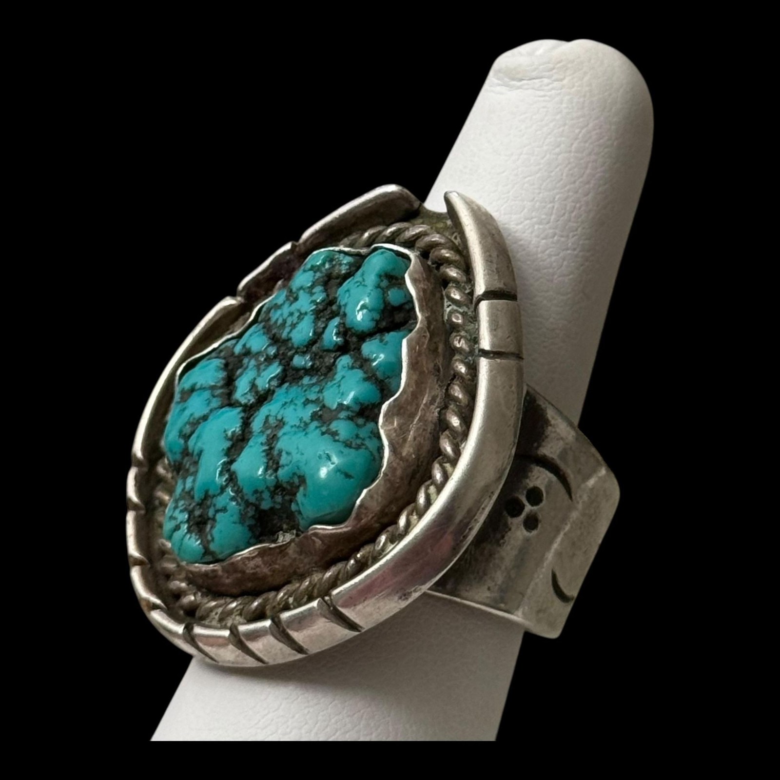 Vintage Native American Chunky Raw Turquoise Size 10.5 Sterling Ring