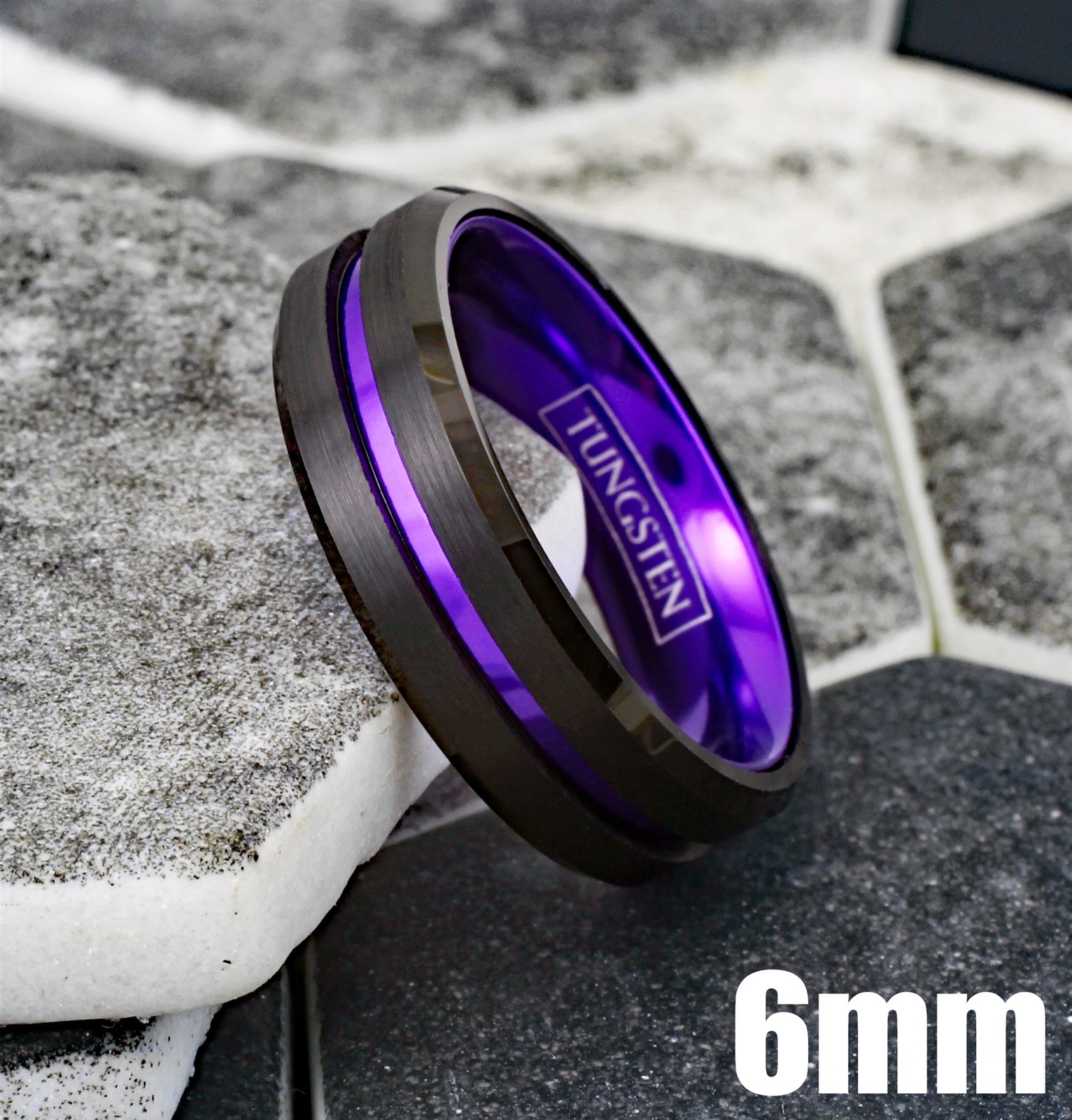 6/8mm Black Tungsten Carbide Ring Purple Stripe Wedding Band -Engraving Avail.