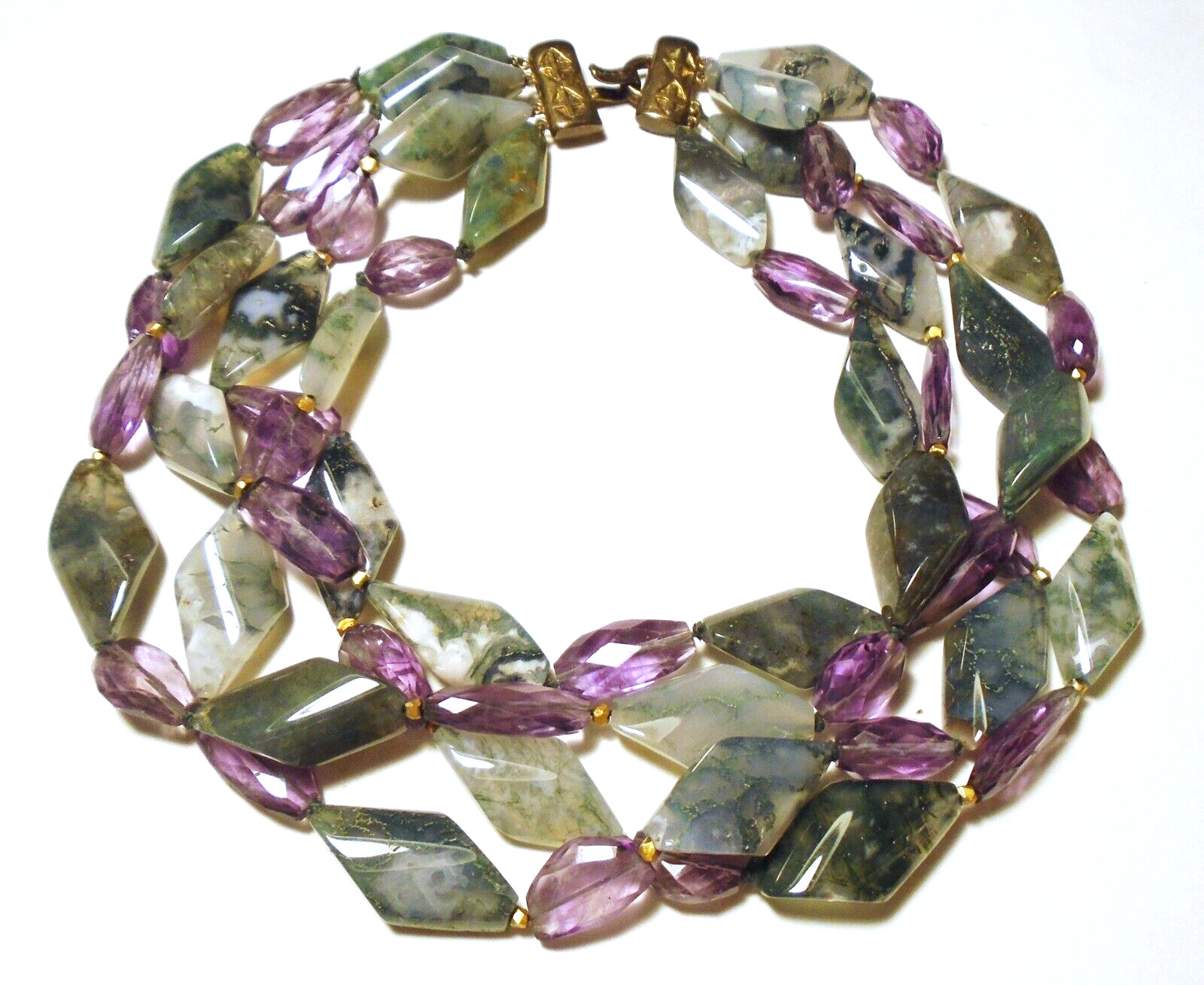 Statement JADED JEWELS INC NYC Moss Agate/AMETHYST Gemstone 4 STRAND NECKLACE