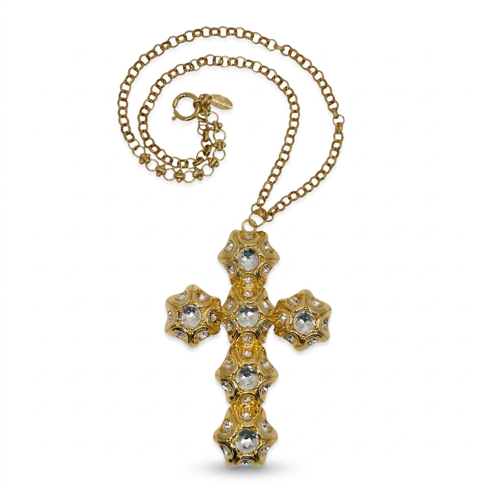 Catwalk Jon Gold Plated Rhinestone Pendant Necklace Signed 4″ Statement Cross