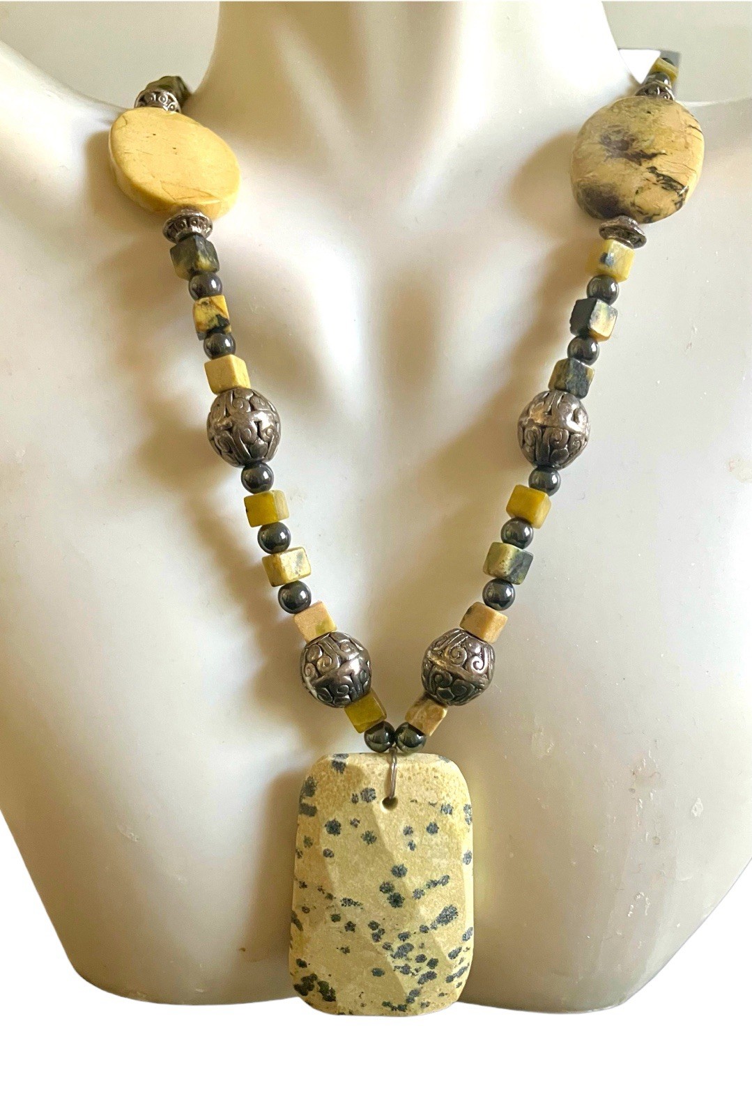 Chunky Beaded Picture Dalmatian Jasper Handmade Boho Southwest Necklace 22”