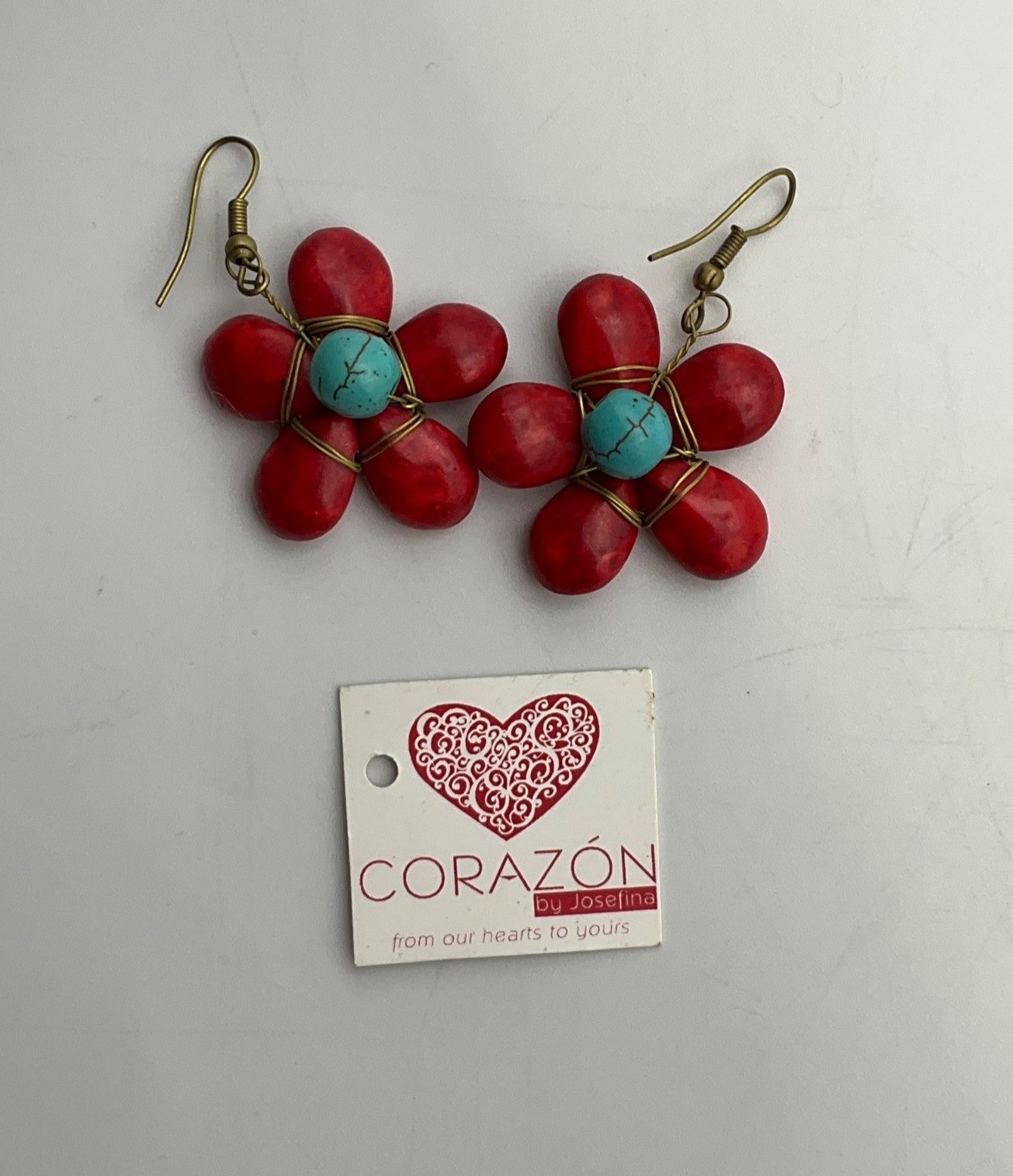 Artisan Handmade Ceramic Beads Red Turquoise Flower Earrings Wired Boho