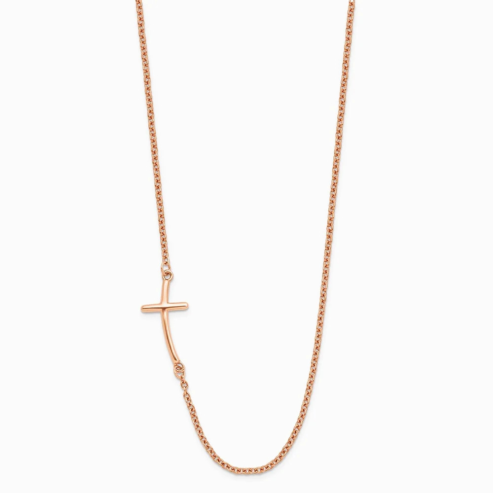 Sterling Silver Rose Gold-Plated Large Off-Set Sideways Curved Cross Necklace
